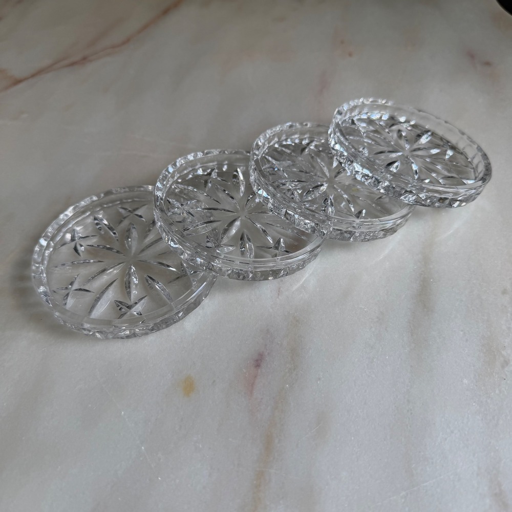 Vintage Cut Glass Coasters Set of 4 Starburst Sunburst Clear Crystal Style Bar